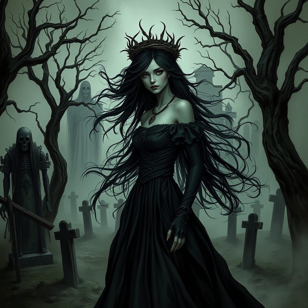 Gothic Princess in Graveyard: Dark Fantasy Art