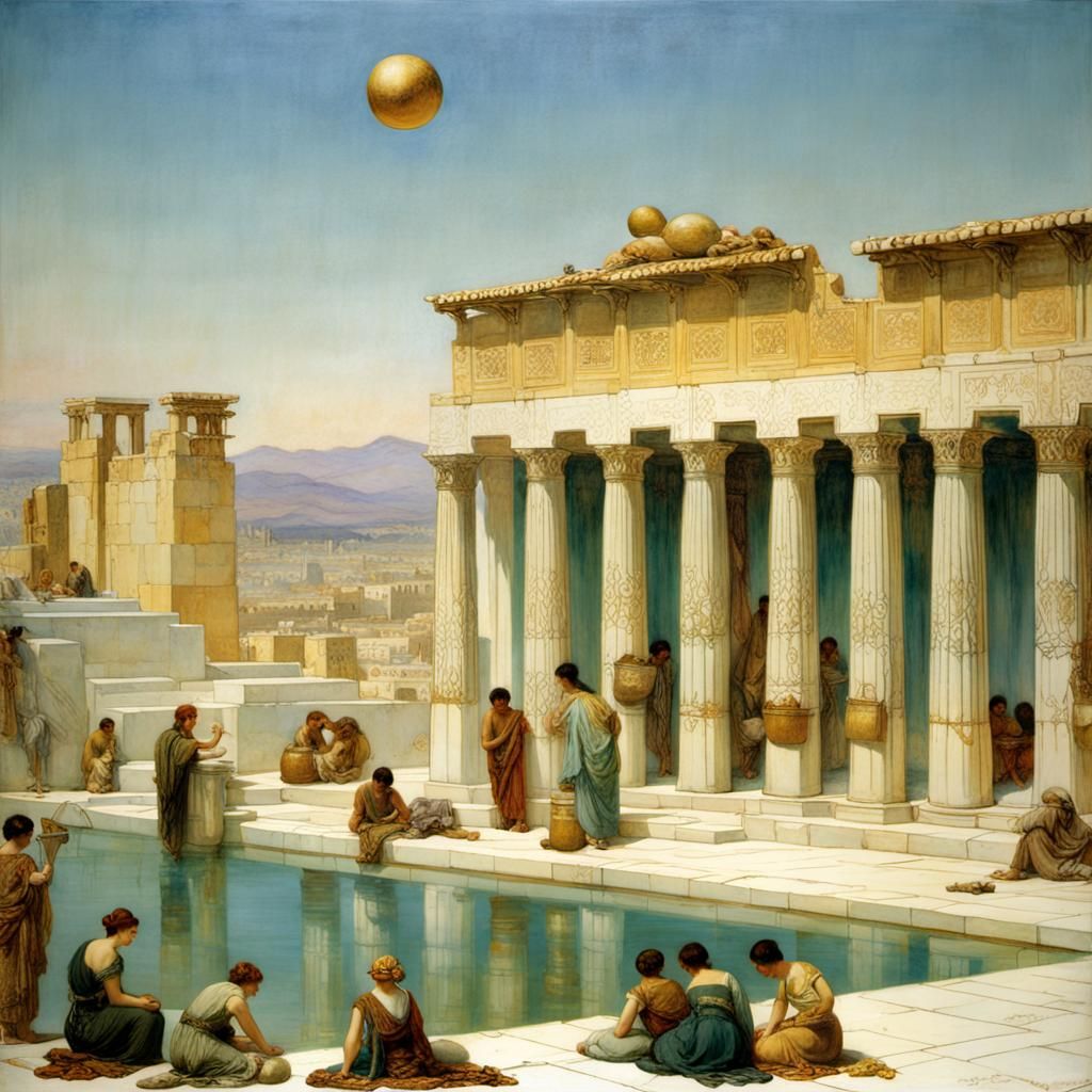 Classical Scene with Fountains in Egg-Shell-Blue and Gold