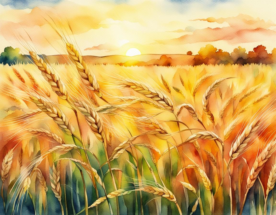 Watercolor Wheat Field at Sunset