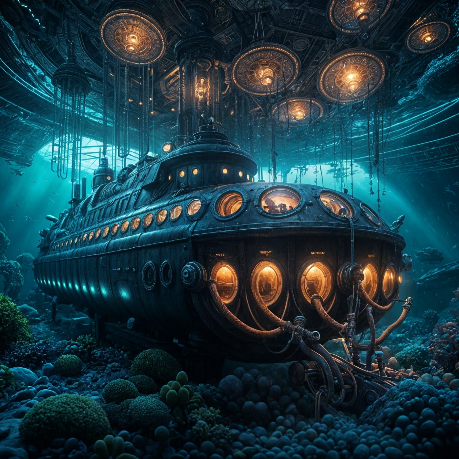 Hyperdetailed Submarine Surrounded by Glowing Jellyfish