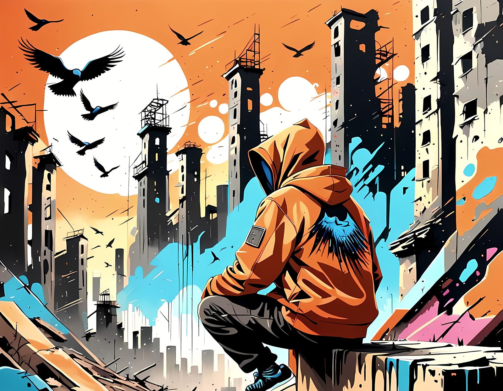 Post-Apocalyptic Figure Contemplates Towering Structure