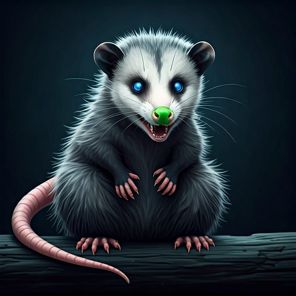 Boogey the Opossum with Glowing Eyes and Green Nose