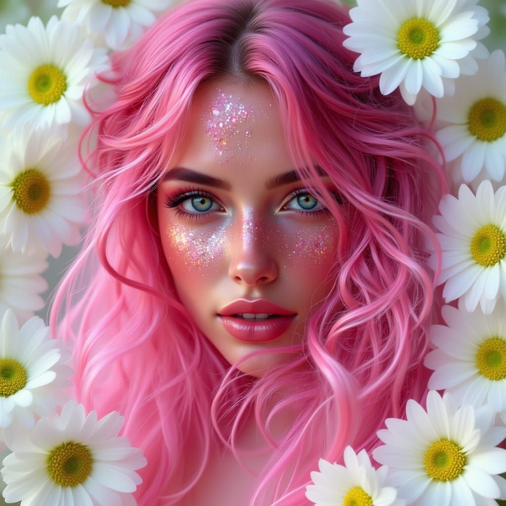 Iridescent Pink Woman Portrait with Digital Shimmer