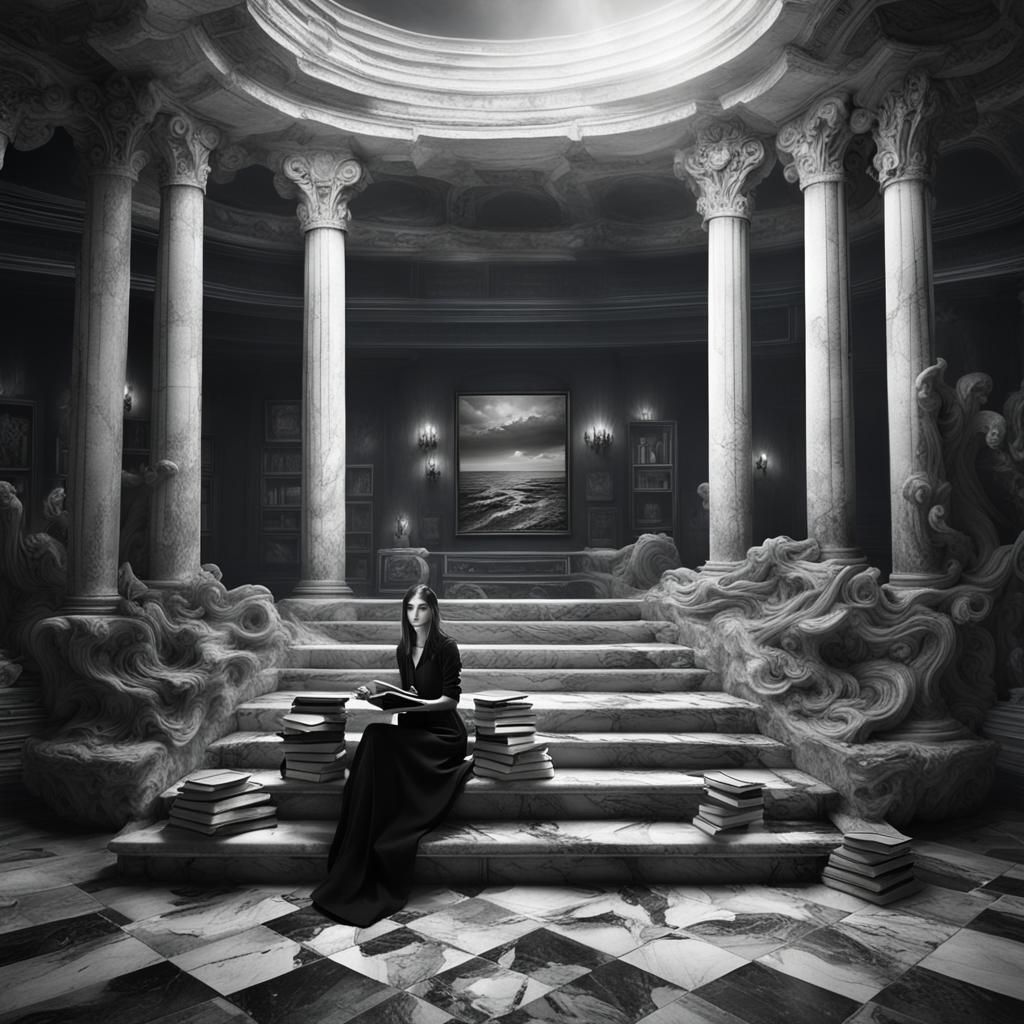 Gothic Model in Coffee Shop with Surreal Elements