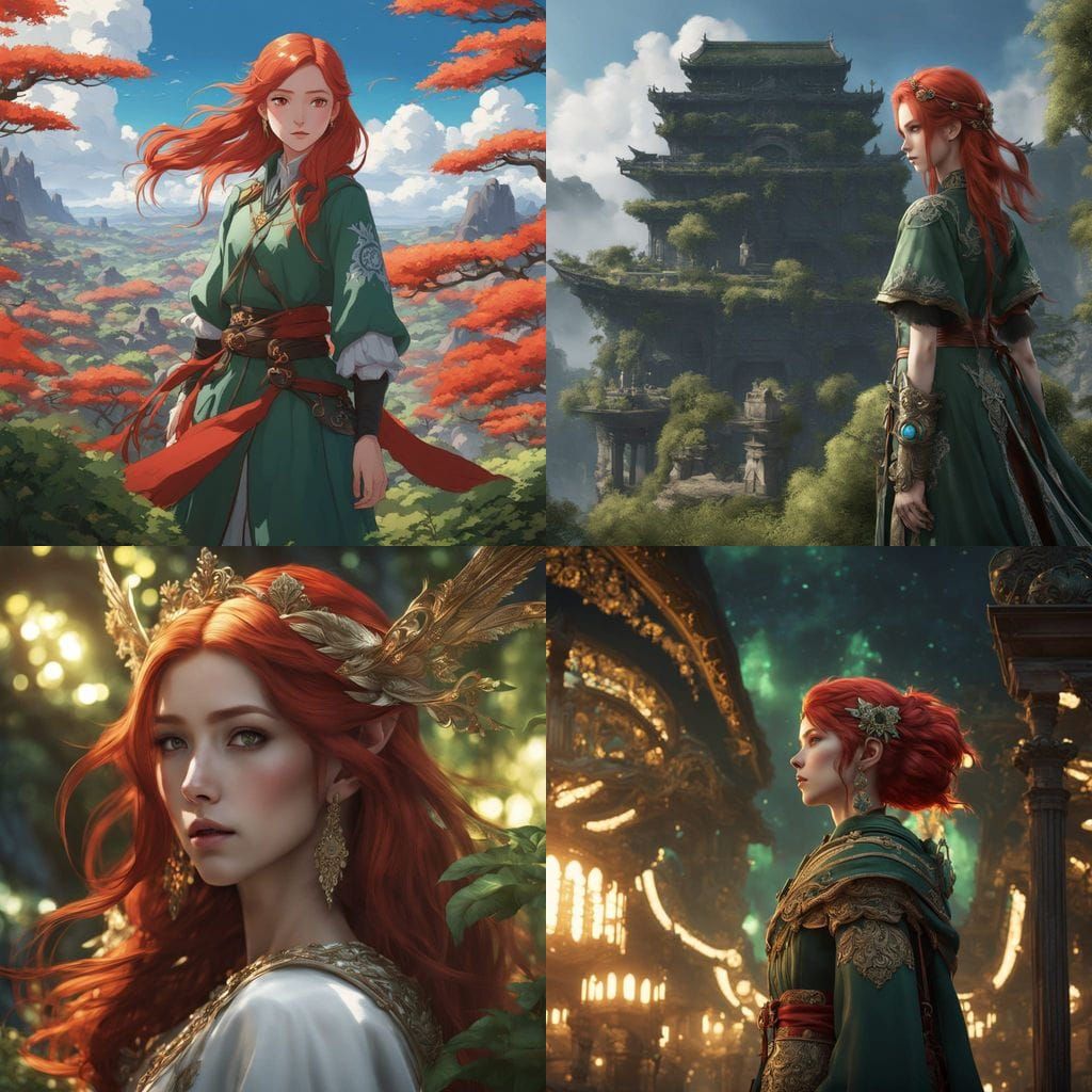 Anime-Inspired 3D Concept Art of a Red-Haired Elf Wizard