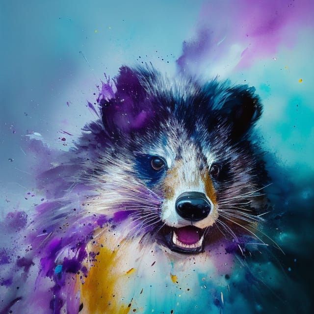 Badger Portrait with Vibrant Lighting and Color Splashes