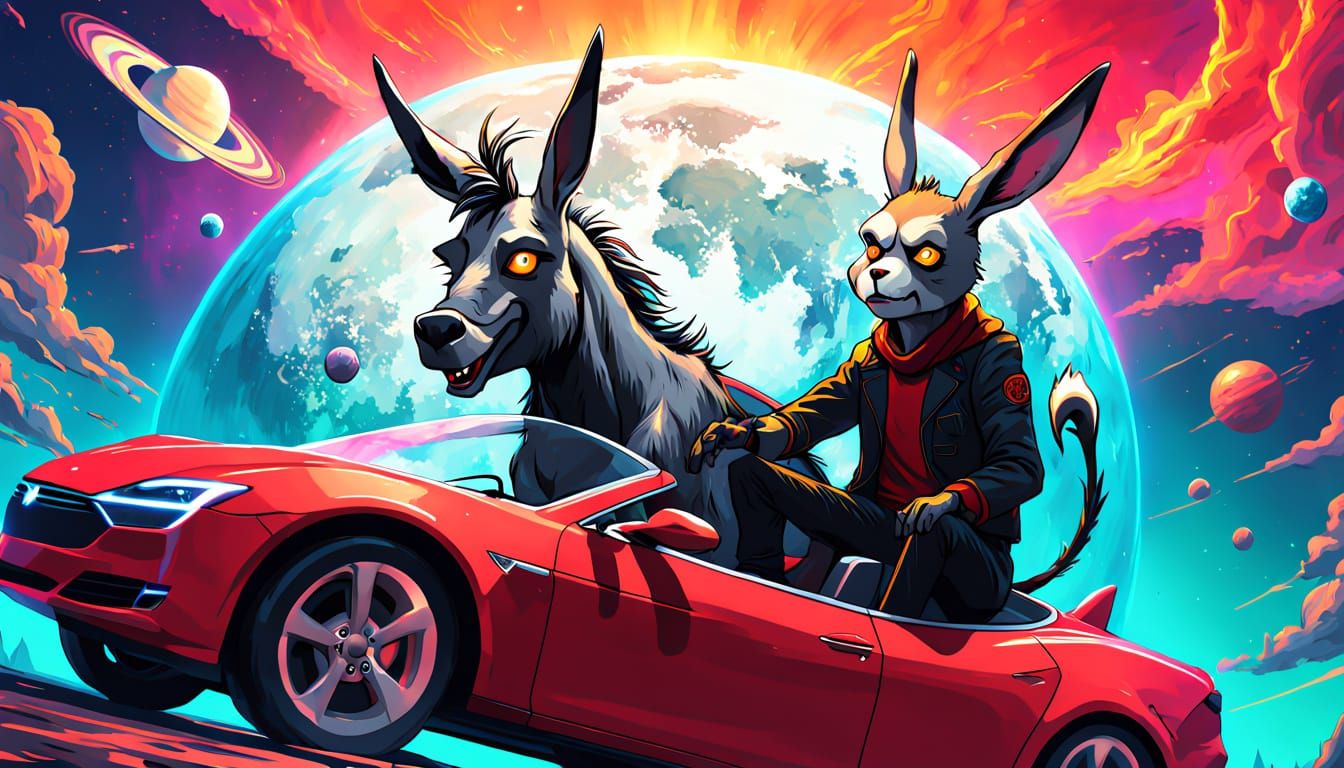Vibrant Vampire Donkey Rides Tesla near Glowing Saturn
