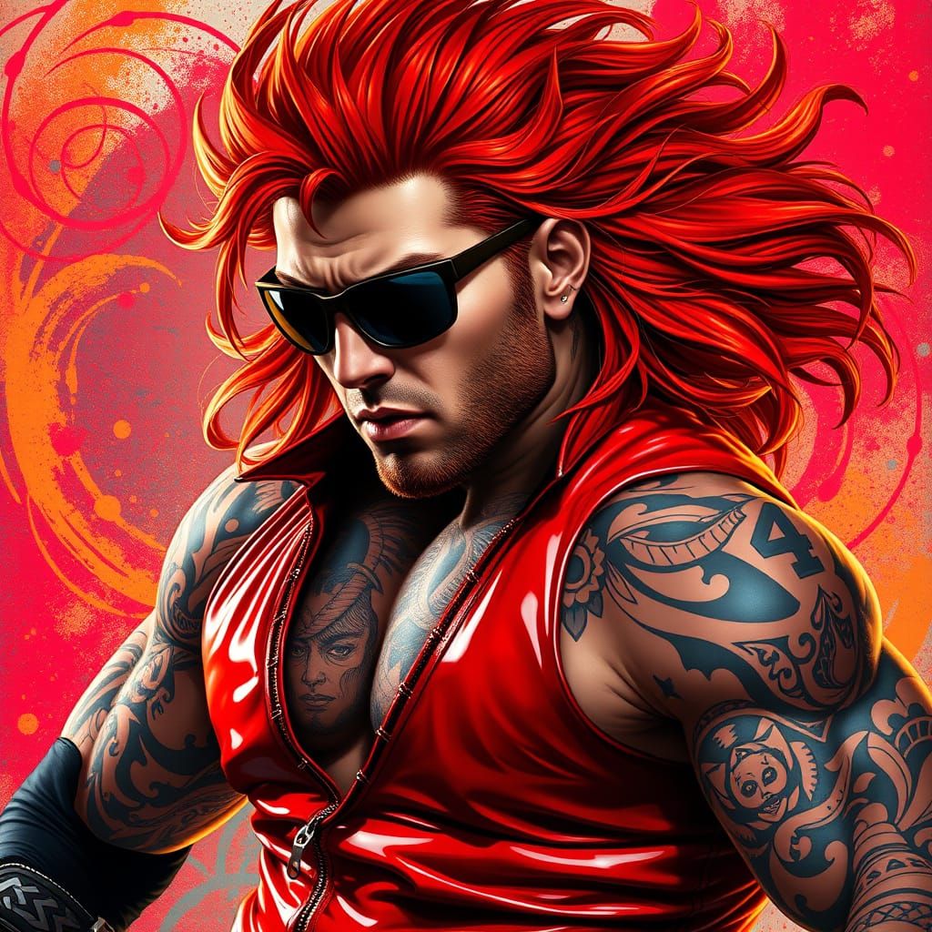 Muscled Wrestler in Crimson Leather, Fiery Red Hair, and Bol...