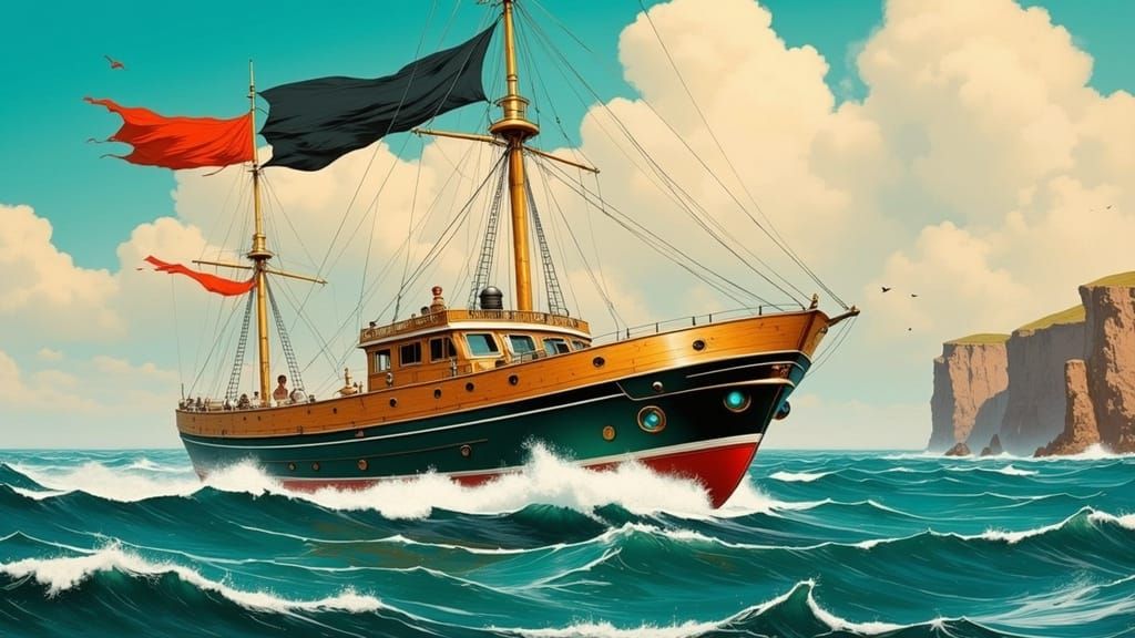 Sailing Cutter in Morning Light, with Aqua Sky and Coral Hue...