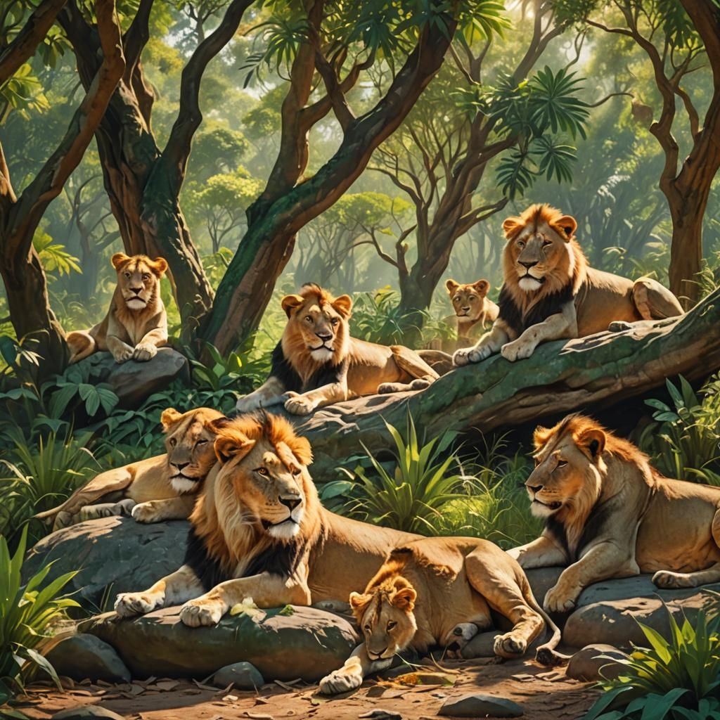 Lions Lounging in Jungle Shade: Detailed Matte Painting