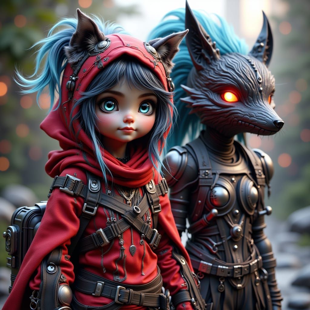 Cyberpunk Red Riding Hood and Cyborg Wolf