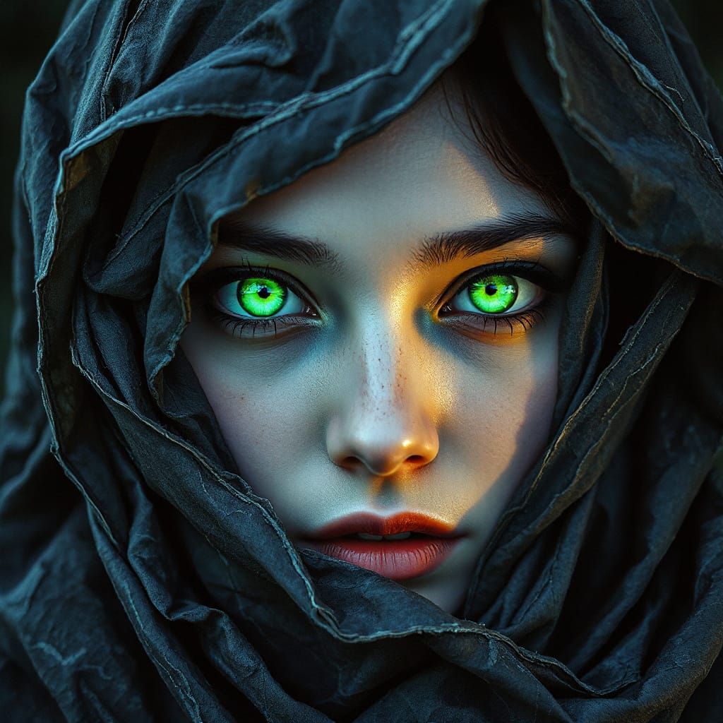 Ethereal Woman in Dark Drapery, Glowing Green Eyes