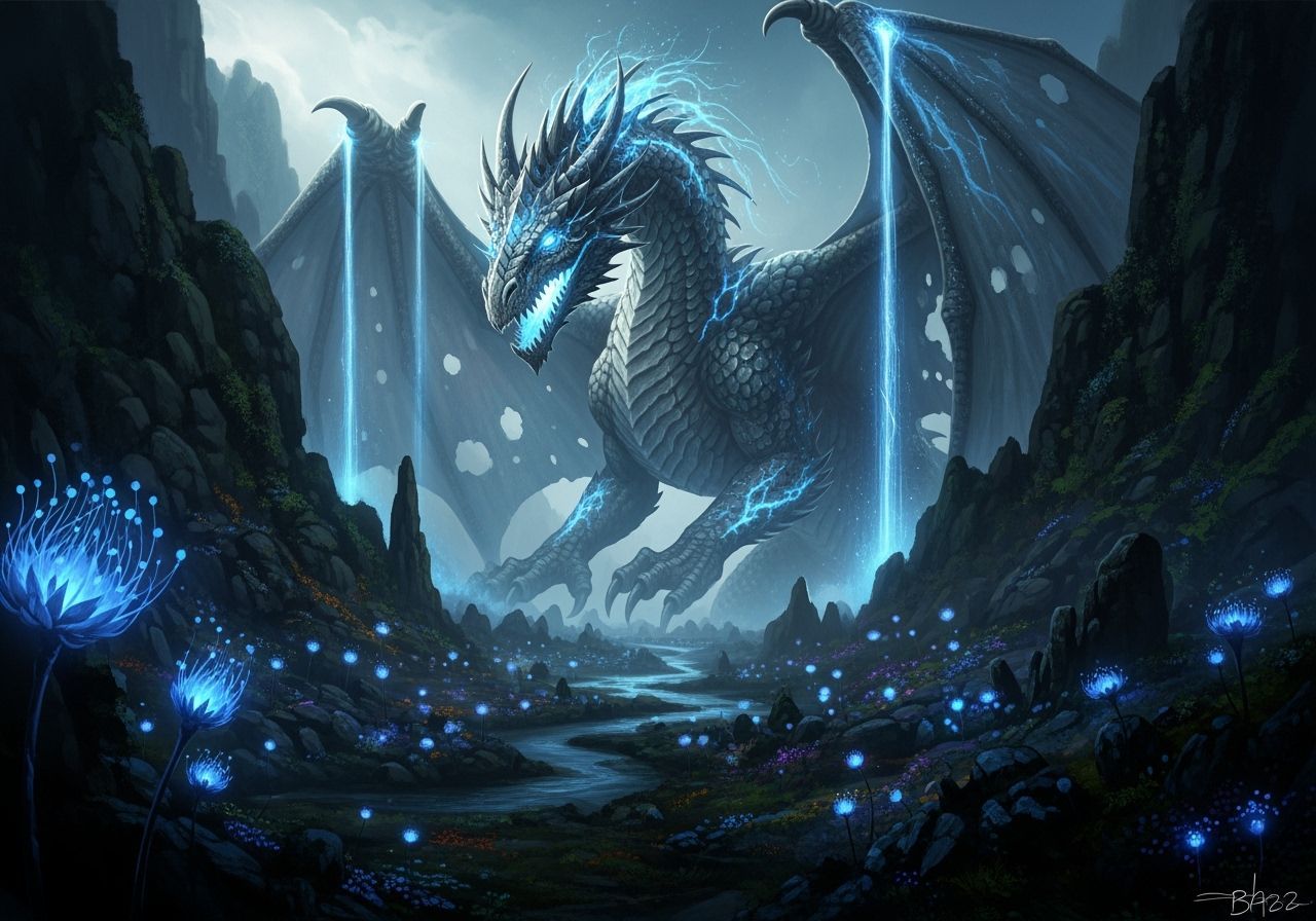 Ancient Dragon Over Bioluminescent Valley