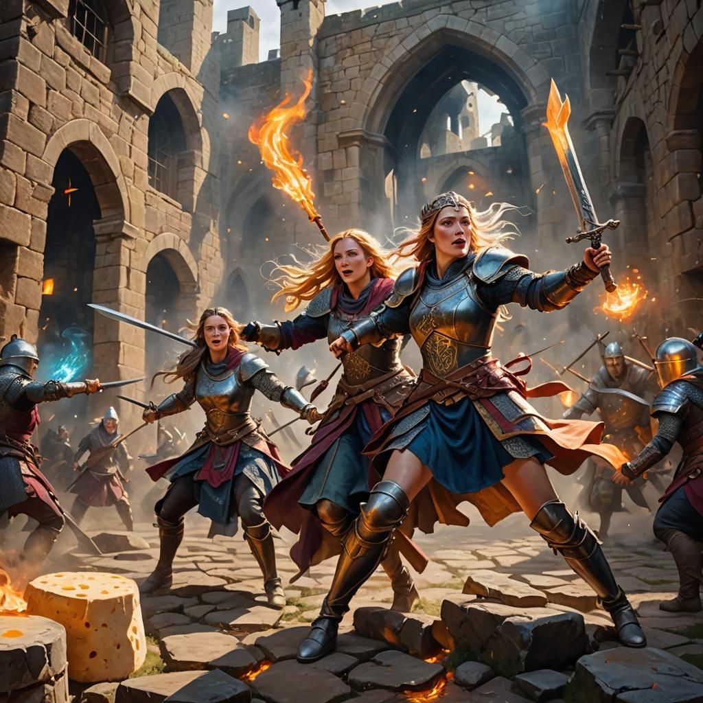 Epic Cheese Girl Battle in Oil Painting Style