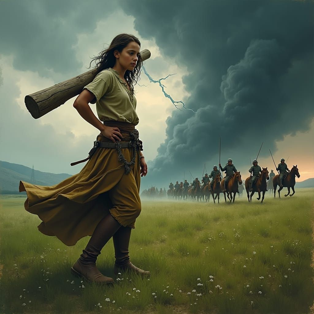 Peasant Girl in Storm, Dramatic Lighting