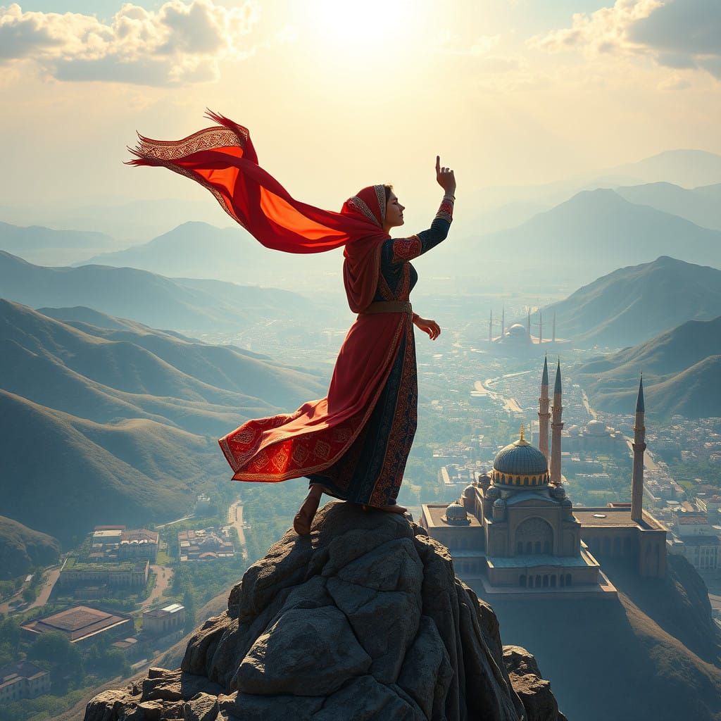 Empowered Iranian Woman Triumphs Over Majestic Landscape
