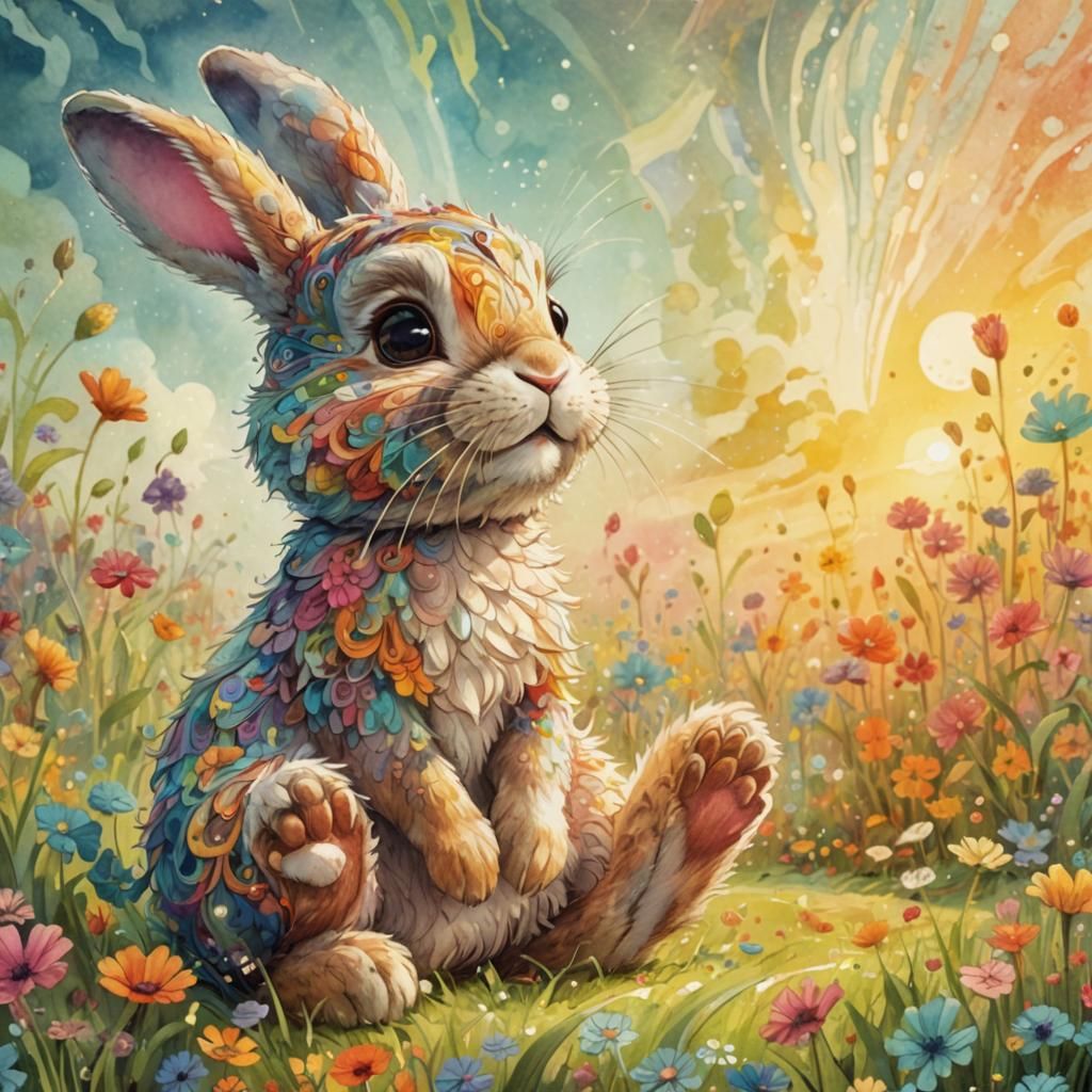 Cute Bunny in Colorful Field, Pixar Style