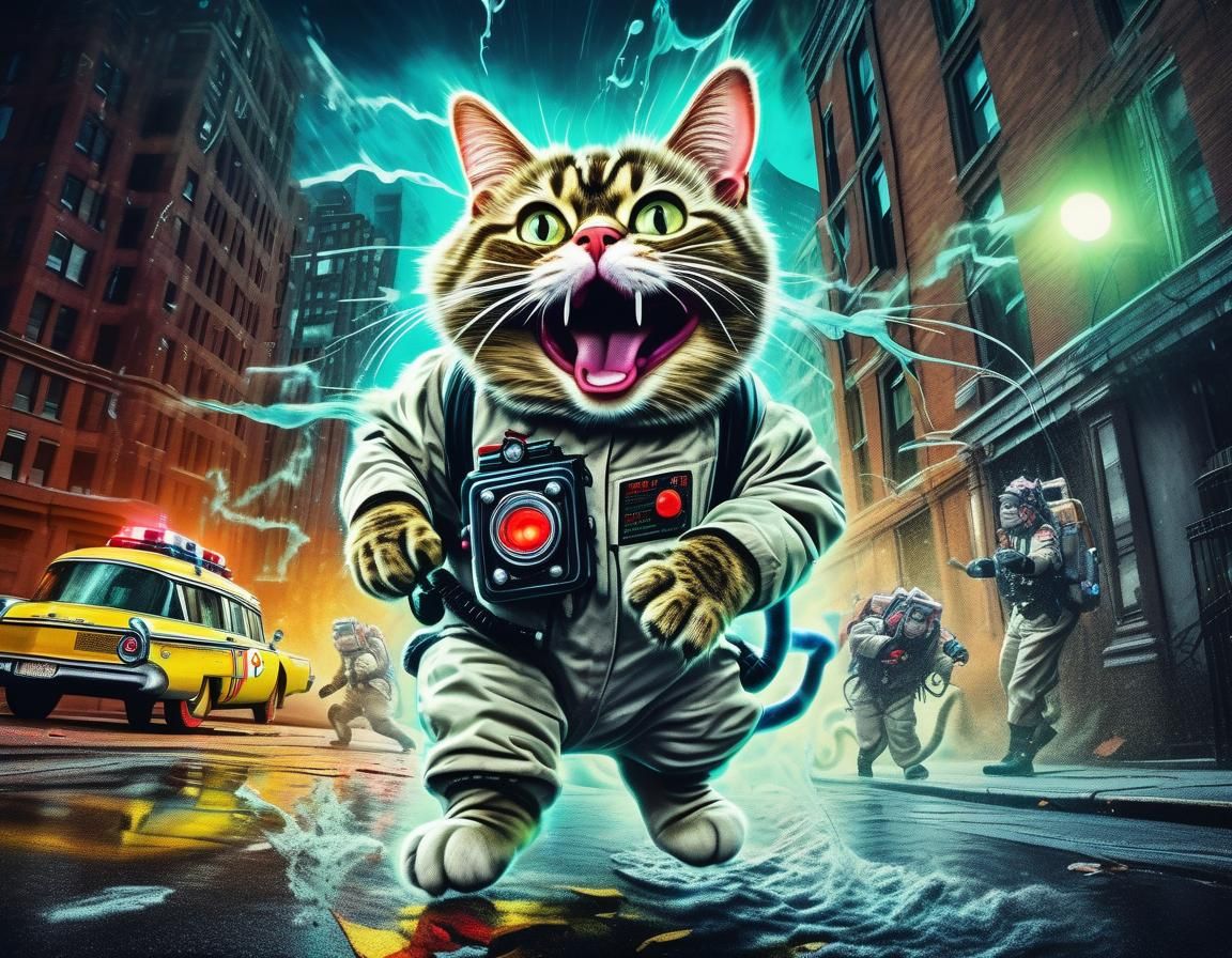Hyperrealistic Ghostbuster Cat in Graffiti Art Style