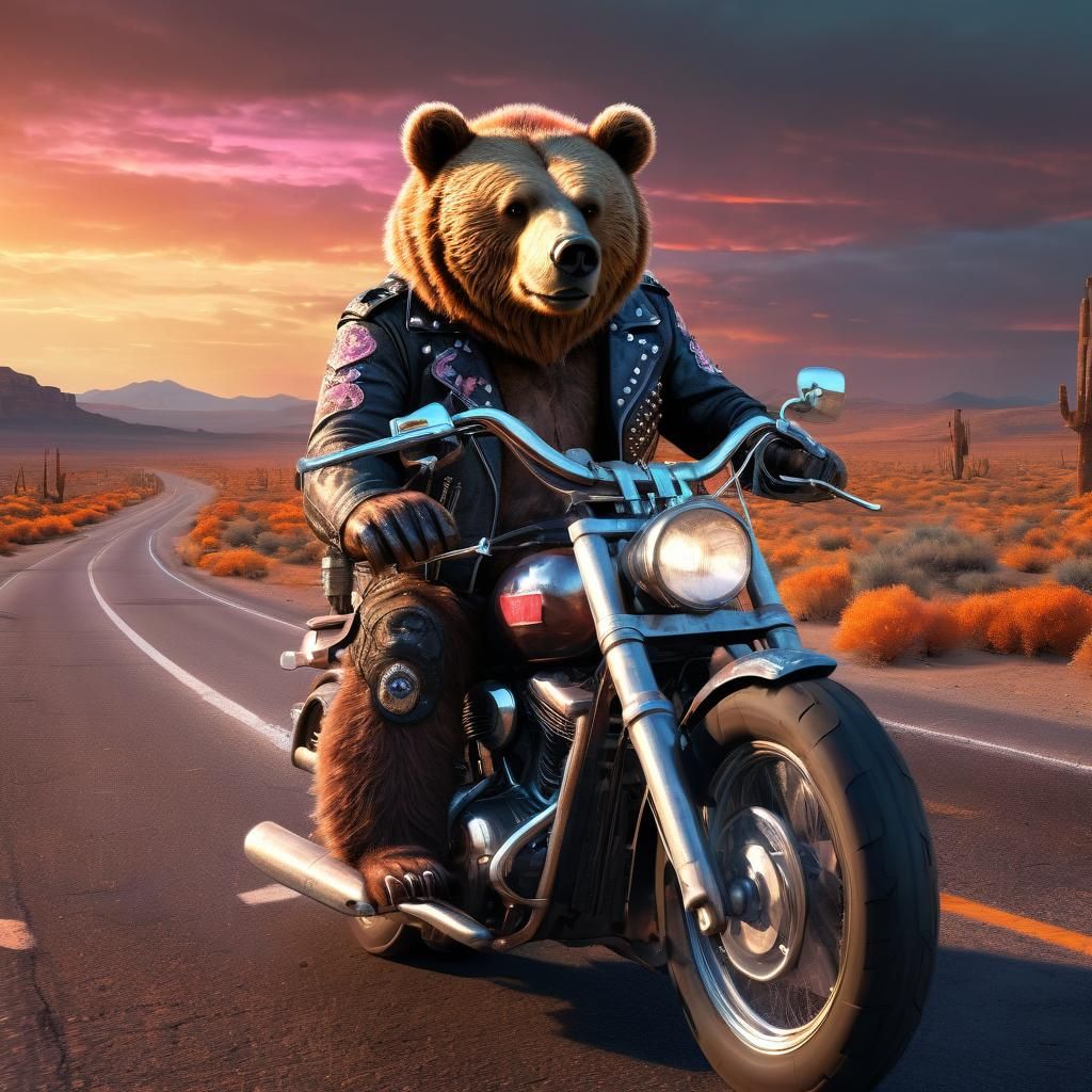 Biker Bear on Desert Road Fantasy Illustration