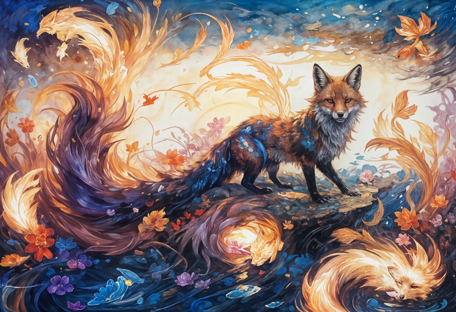 Glowing Fox and Koi Fish Oil Painting