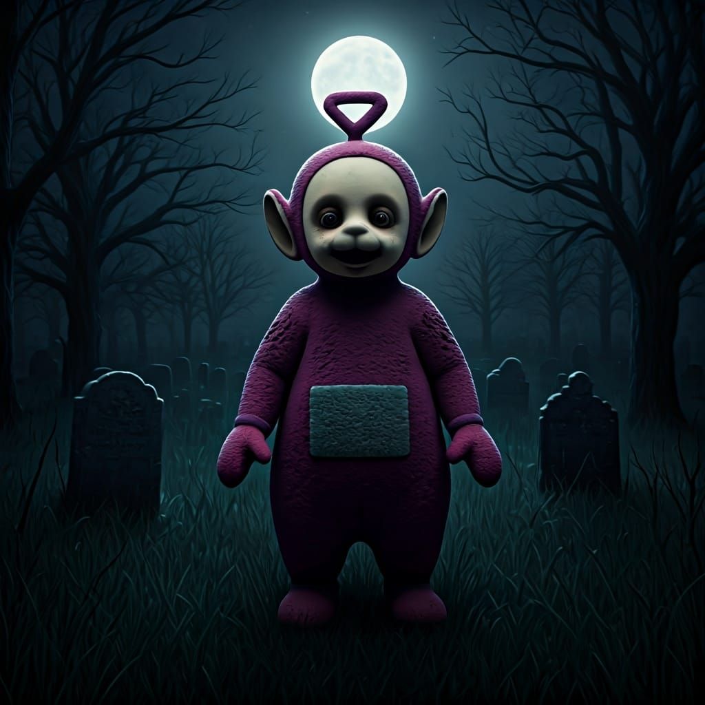 Horror Teletubby Graveyard Scene at Night