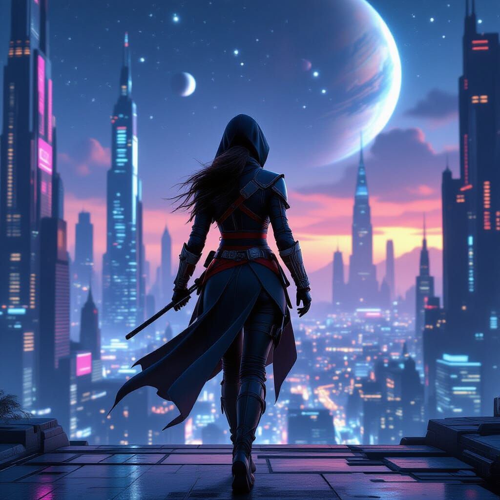 Futuristic Assassin in a Neon Cityscape