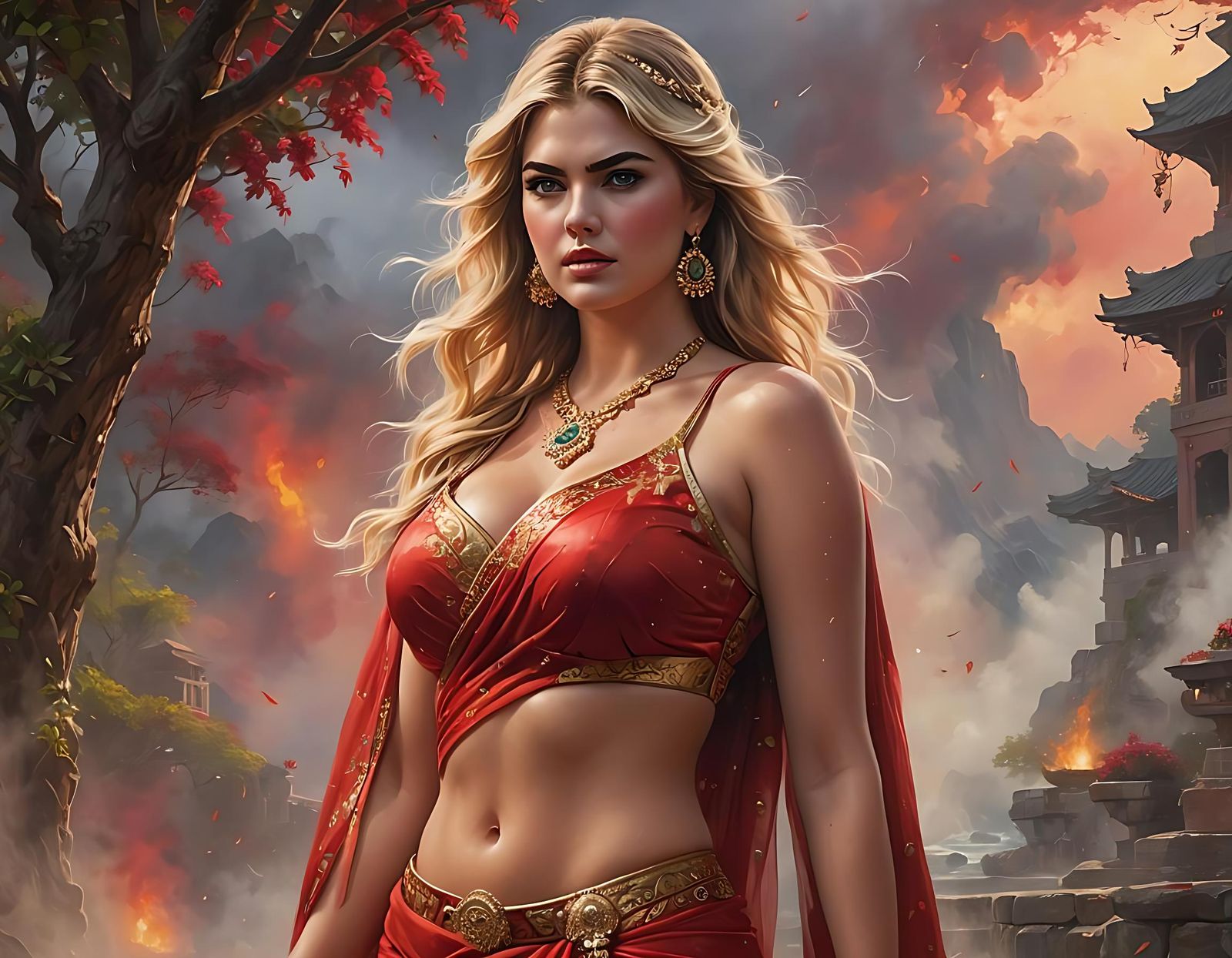 Kate Upton in Red Saree, Detailed Oil Painting