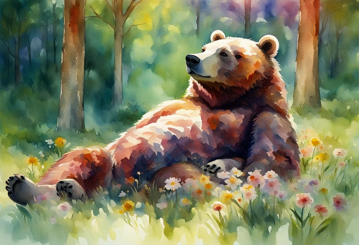 Abstract Bear in Sunny Meadow: Watercolor Impressionism