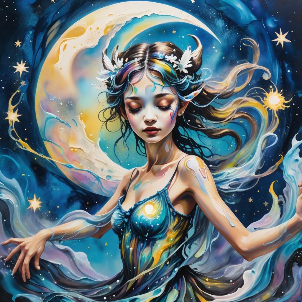 Moon Faery in Aquatic Realm as Graffiti Art