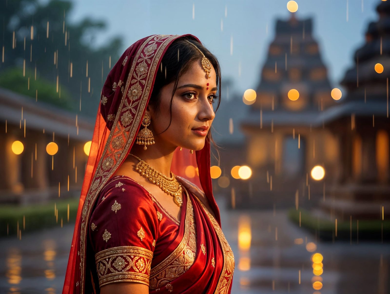 Elegant Indian Beauty in Rainy Evening Light