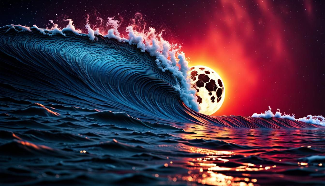 Vibrant Moon Underneath Rolling Waves