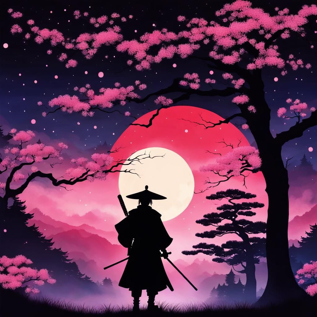 Samurai Silhouette Art with Sakura Forest Dream
