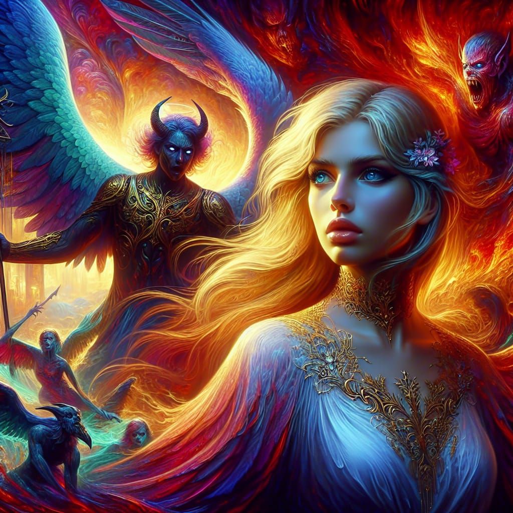 Angel Protecting Woman from Demons in Fantasy Art