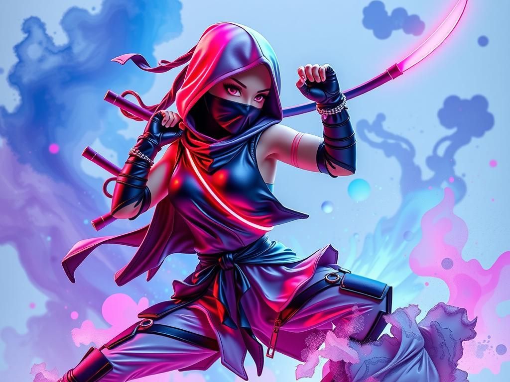 Enameled Glass Ninja Figurine with Bioluminescent Neon Glow