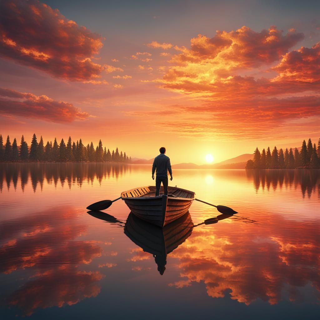 Man Basks in Serene Sunset Glow on Wooden Boat