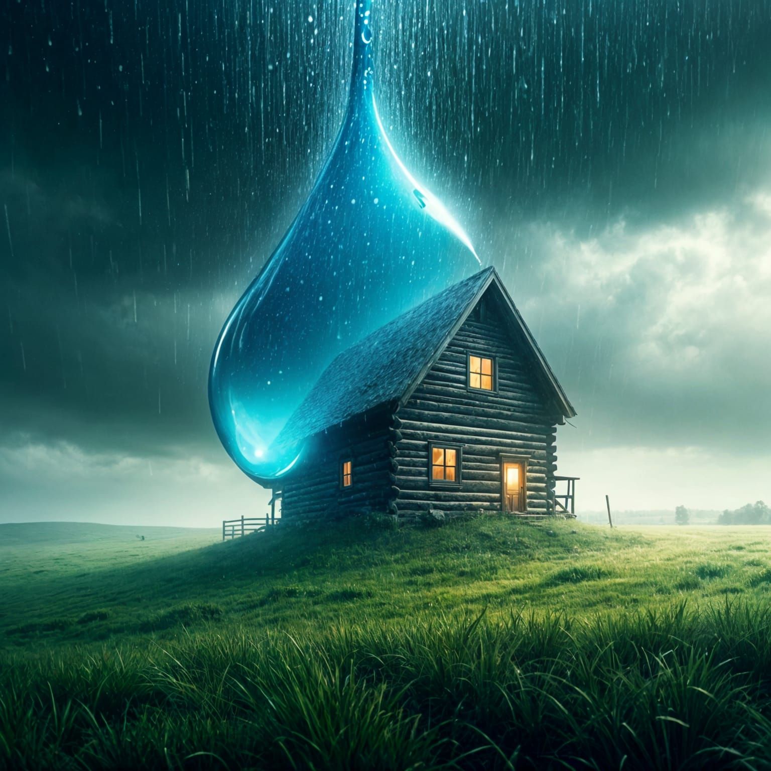 Giant Raindrop Falls on Cabin: Surreal Image