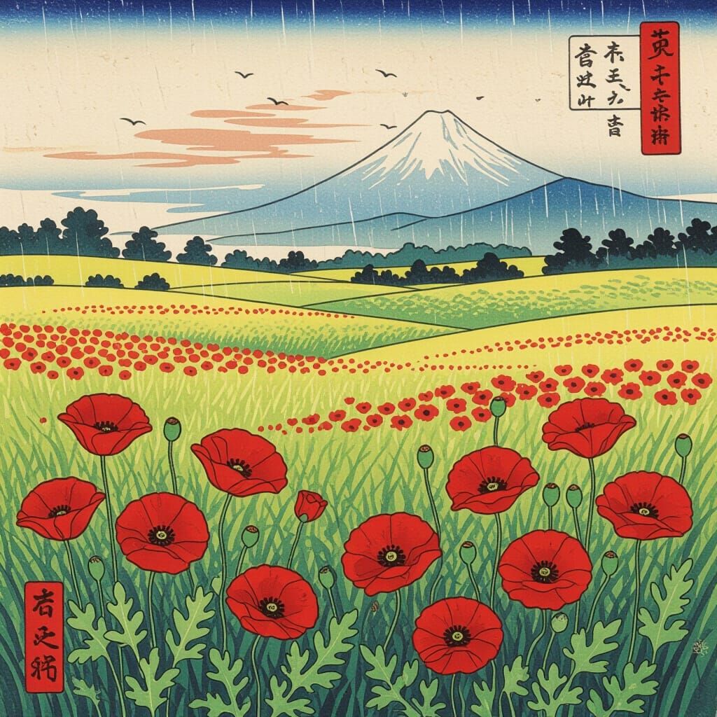 Poppies in Rain: Japanese-Style Summer Meadow