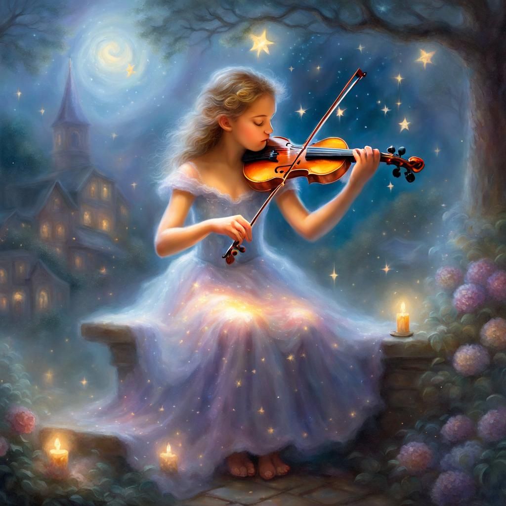 Violin Student Plays Under Misty Fantasy Light