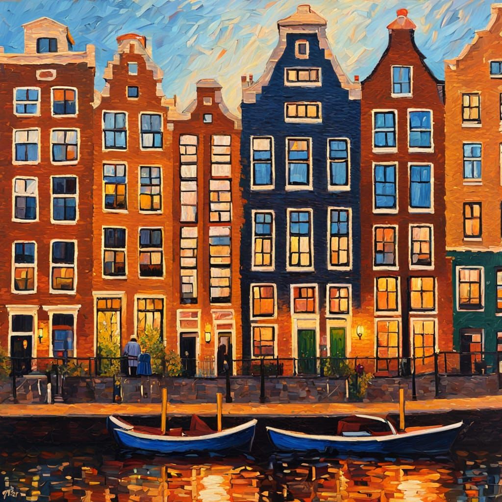 Amsterdam Canal Houses in Neo-Impressionist Style