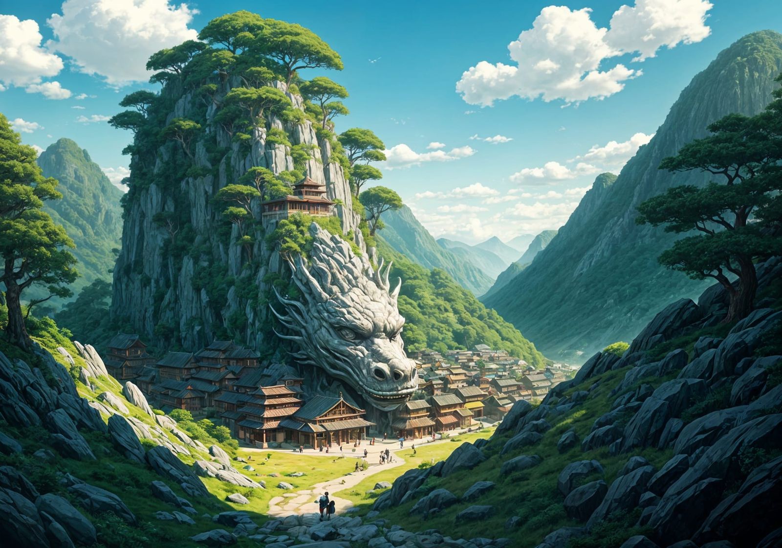 Studio Ghibli Style Dragon Mountain Landscape