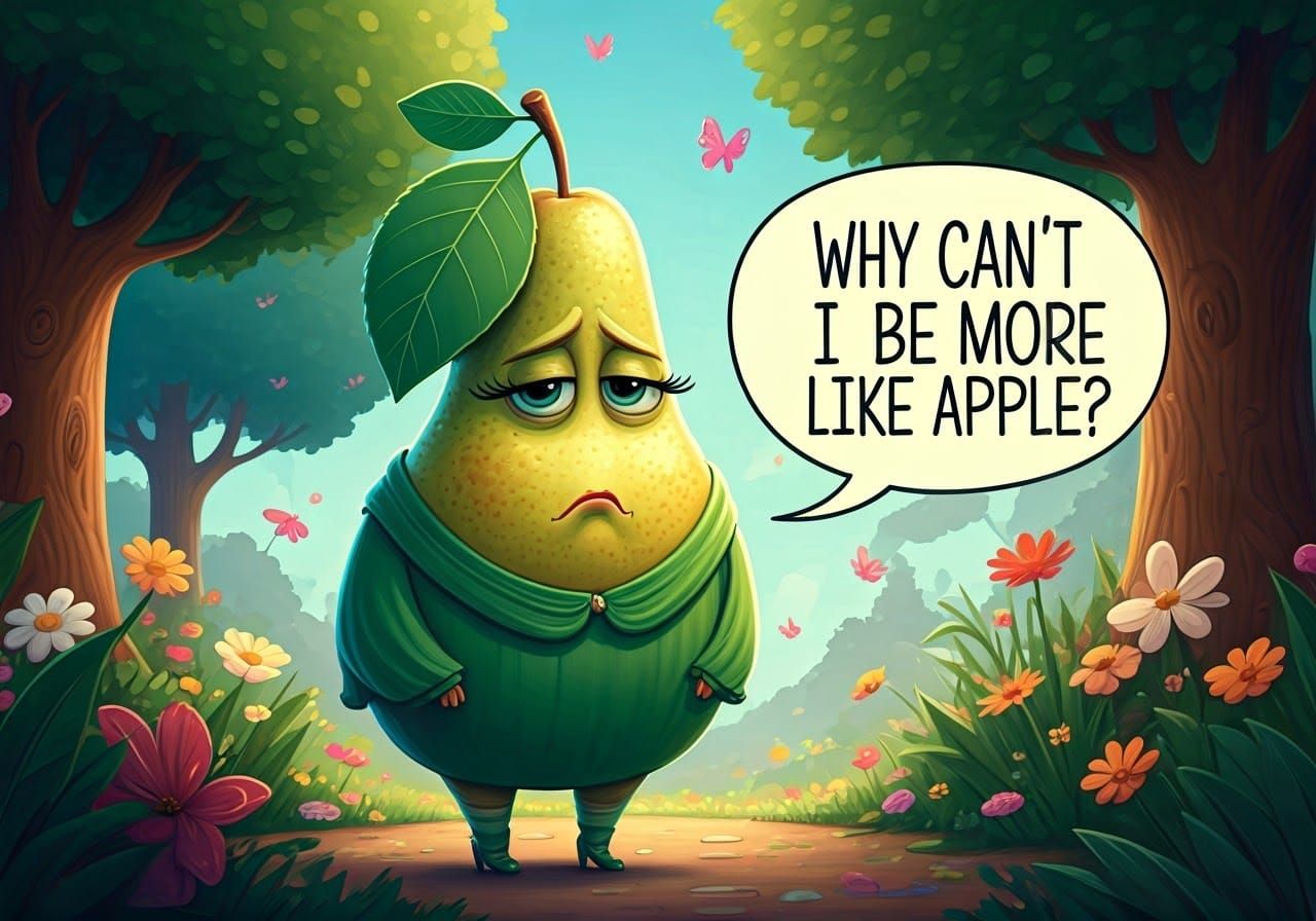 Whimsical Pear in a Vibrant Orchard