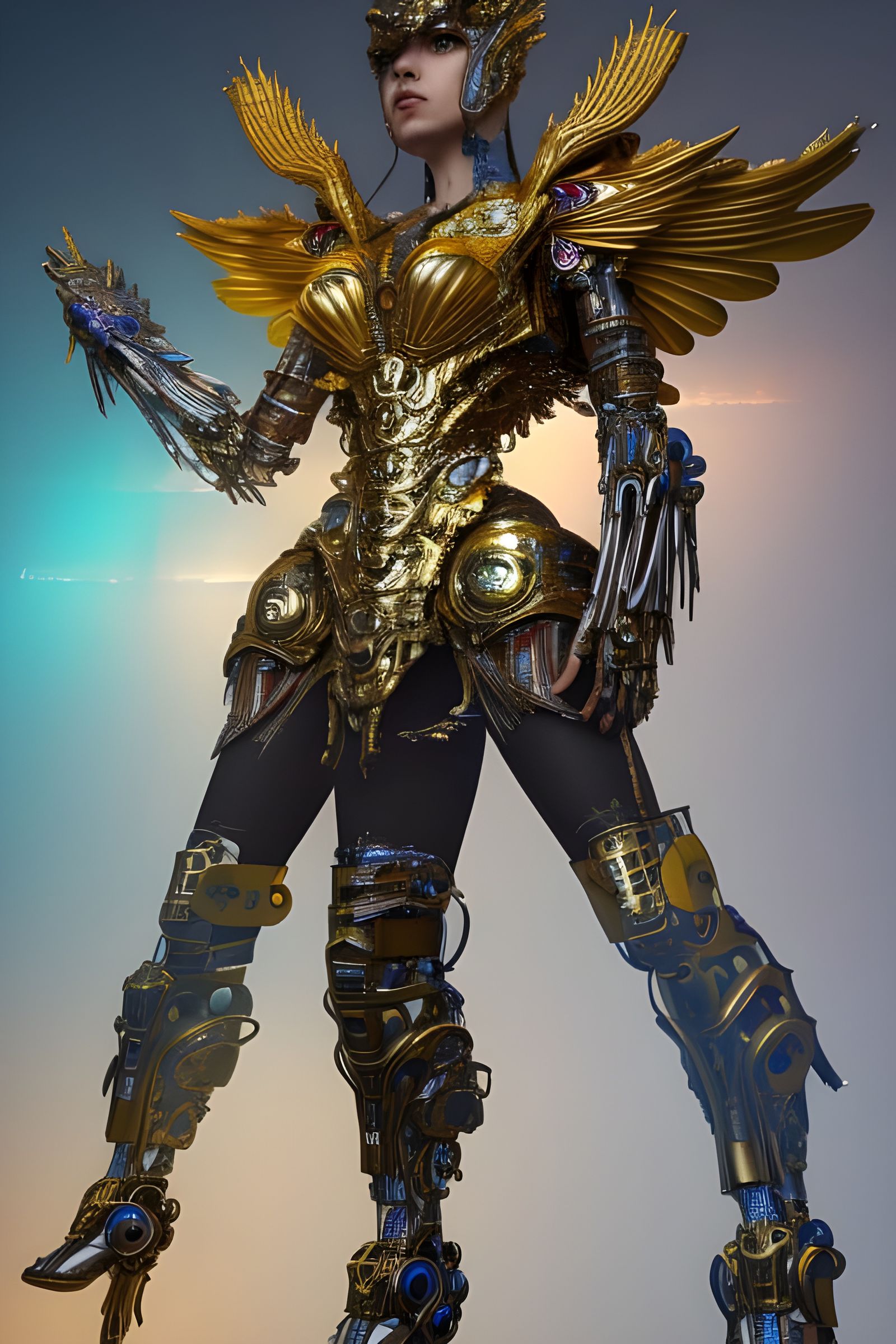 Winged Biomechanical Cyborg Warrior in Golden Armor