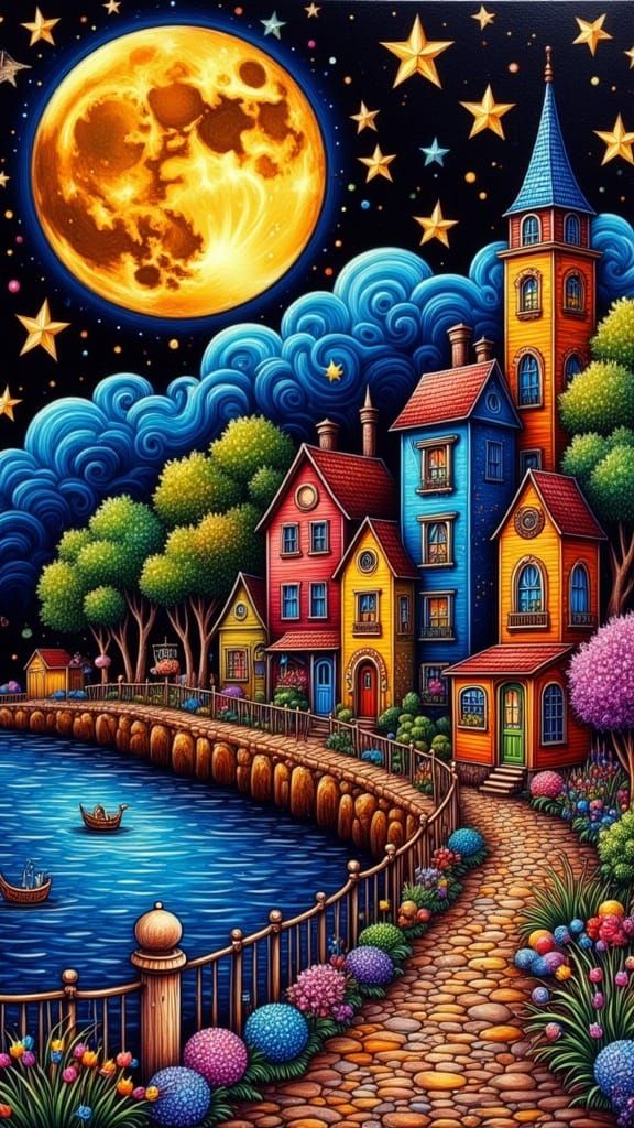 Village at Night on the River