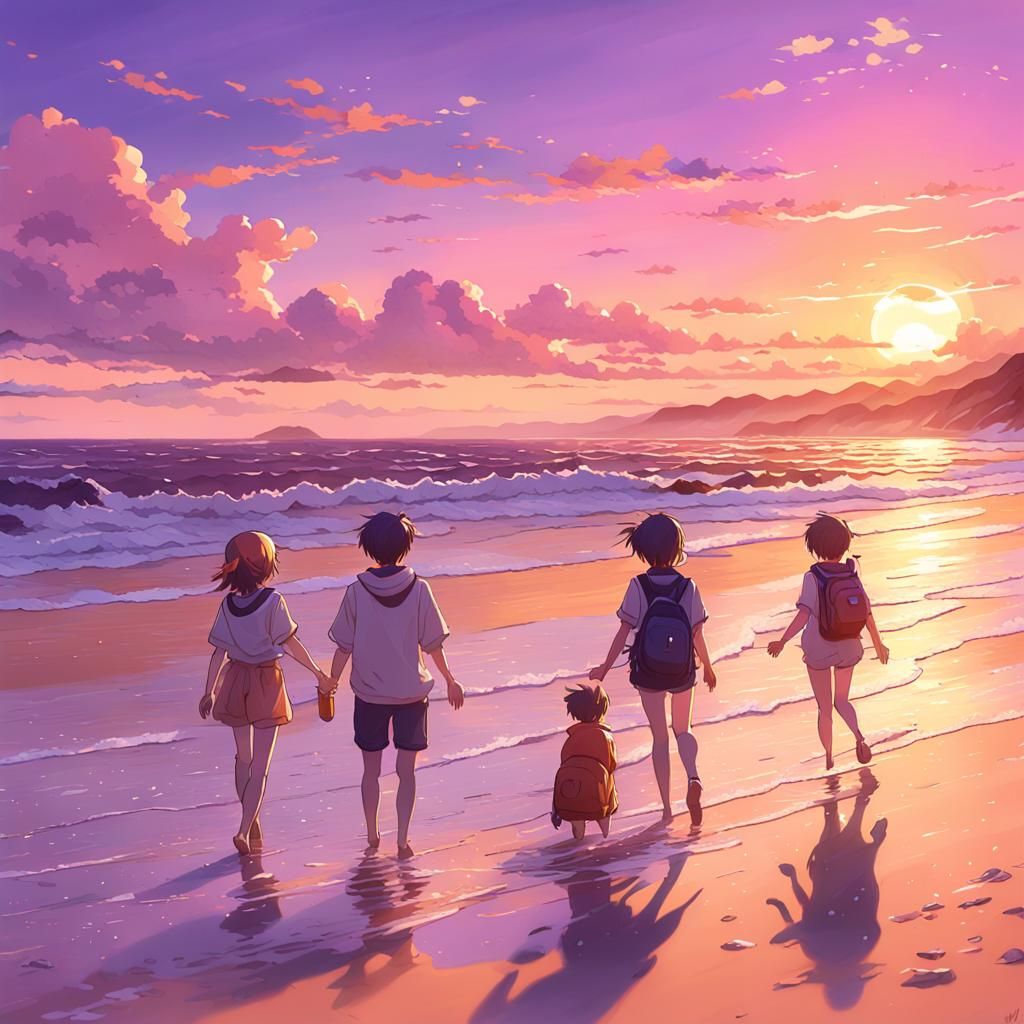 Vibrant Beach Sunset: 3D Anime Art