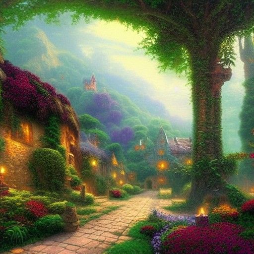 Medieval Village in Jungle, Ethereal Fantasy Scene