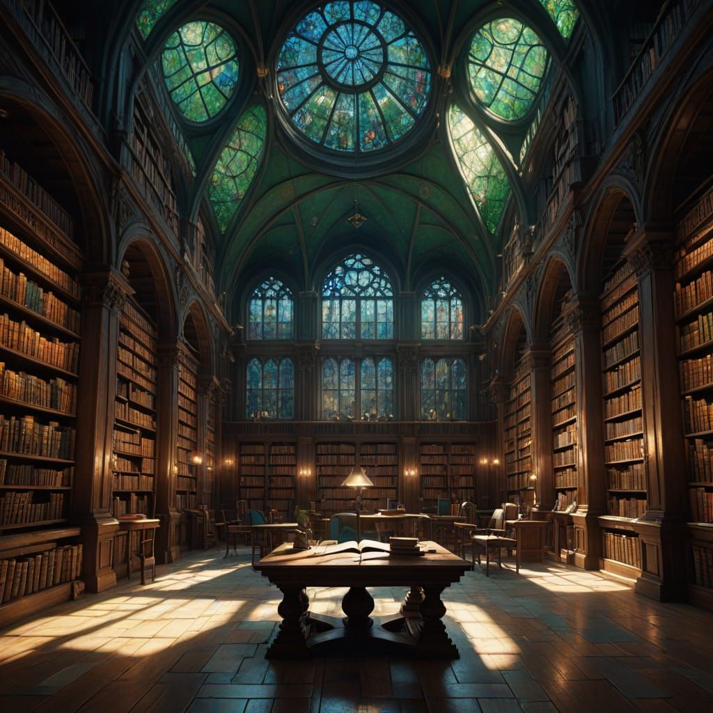 Majestic Fantasy Library Illuminated by Vibrant Stained Glas...