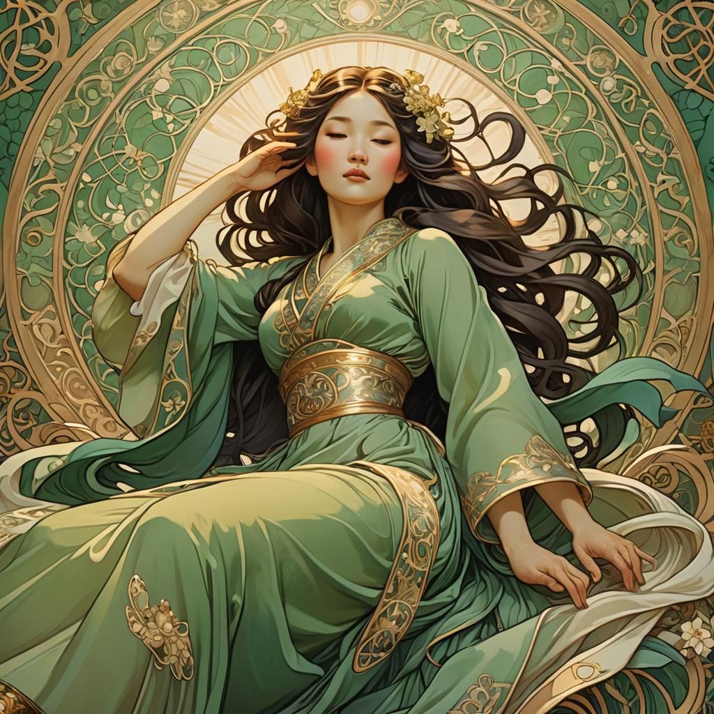 Mulan on the Beach in Art Nouveau Style