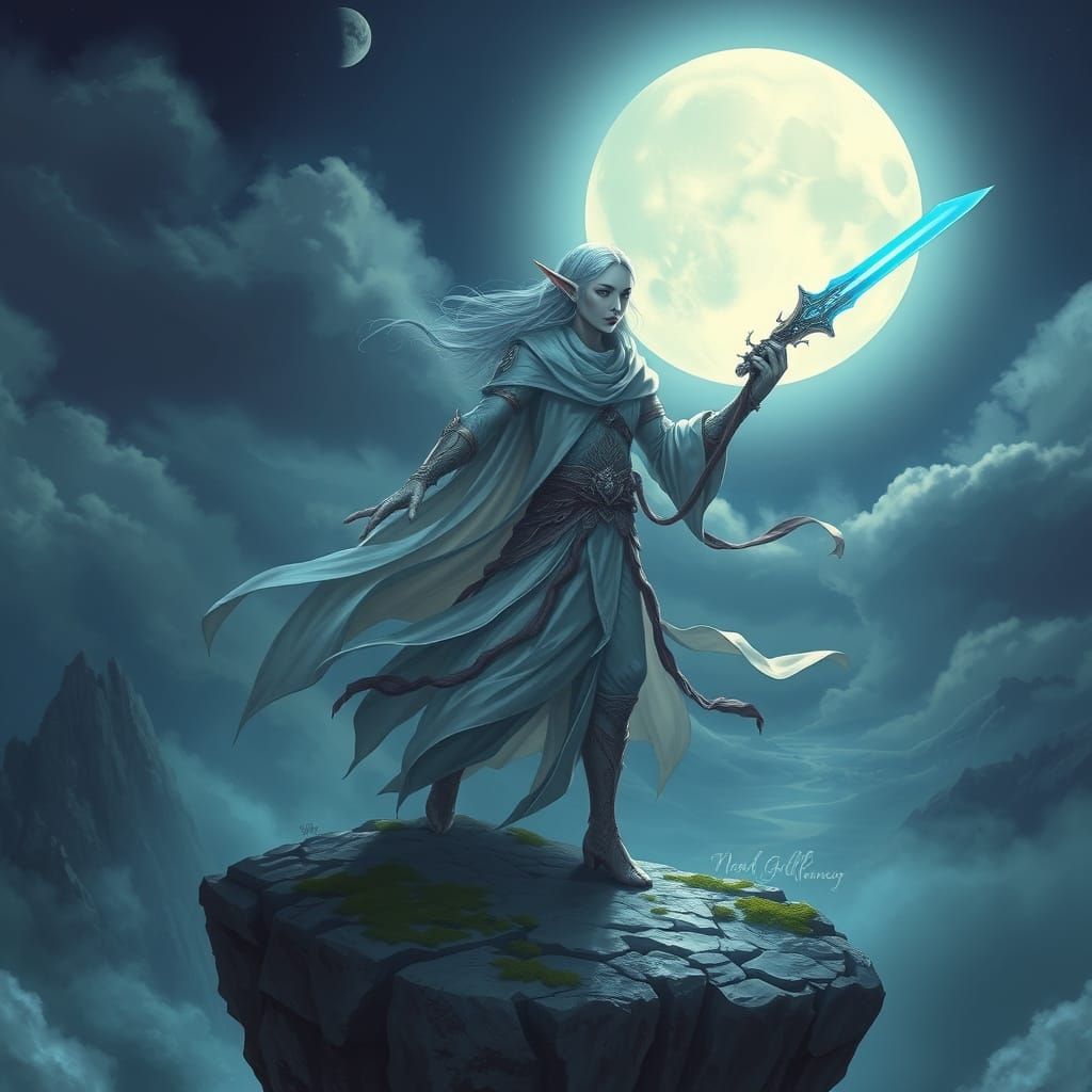 Moonlit Elf Warrior on Mystical Floating Island in Dreamy Cy...