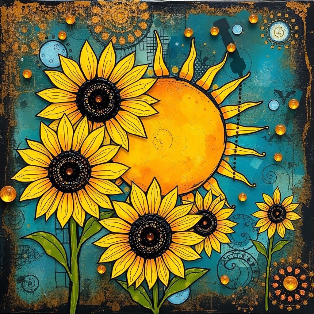 Sunflowers and Zentangle Patterns in Mixed Media Style