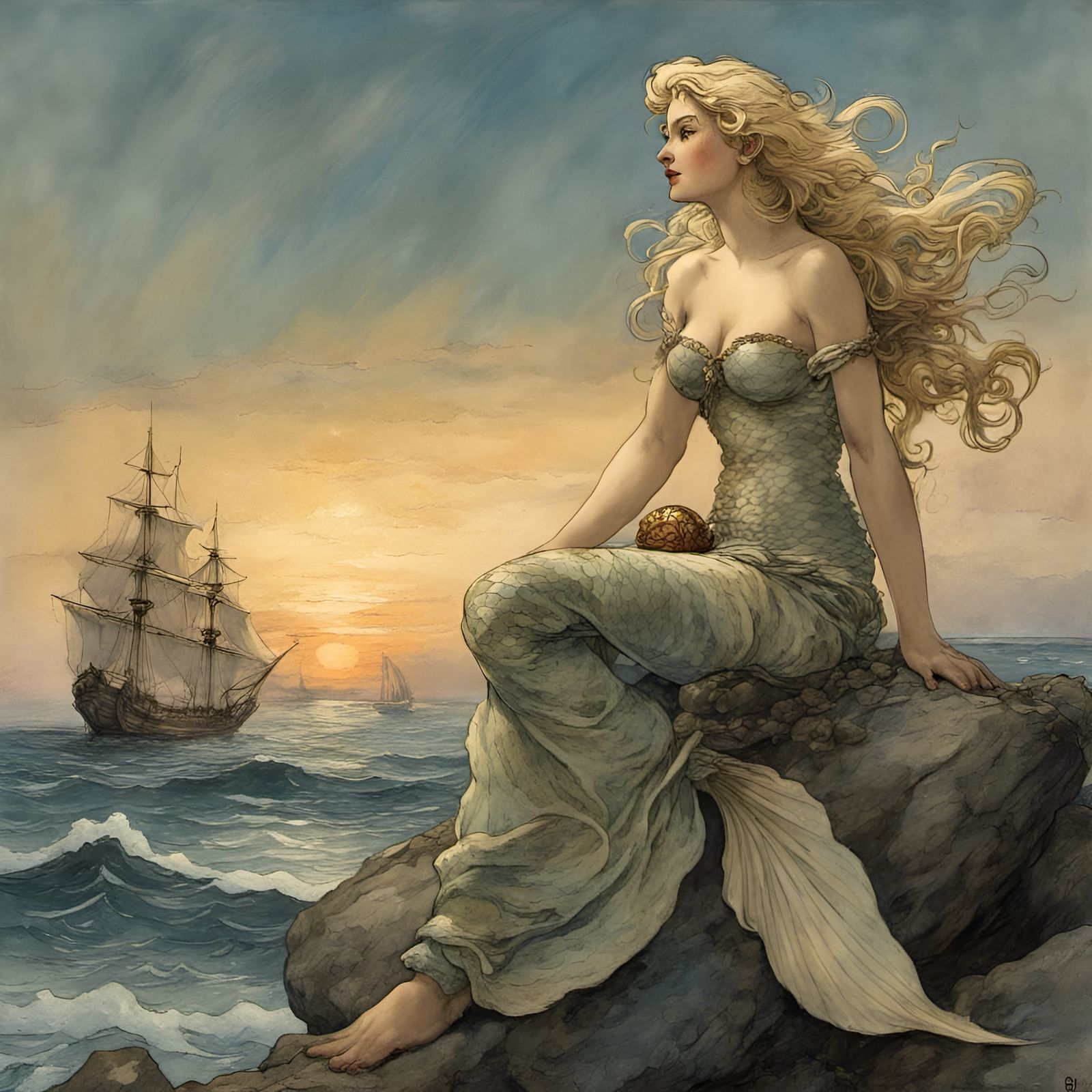 Mermaid Watching Sailing Ship: Oil Painting Illustration